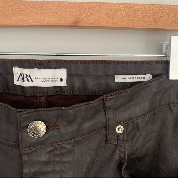 Zara The Dreed Flare chocolate brown coated jean pant high rise 14 - Picture 4 of 7